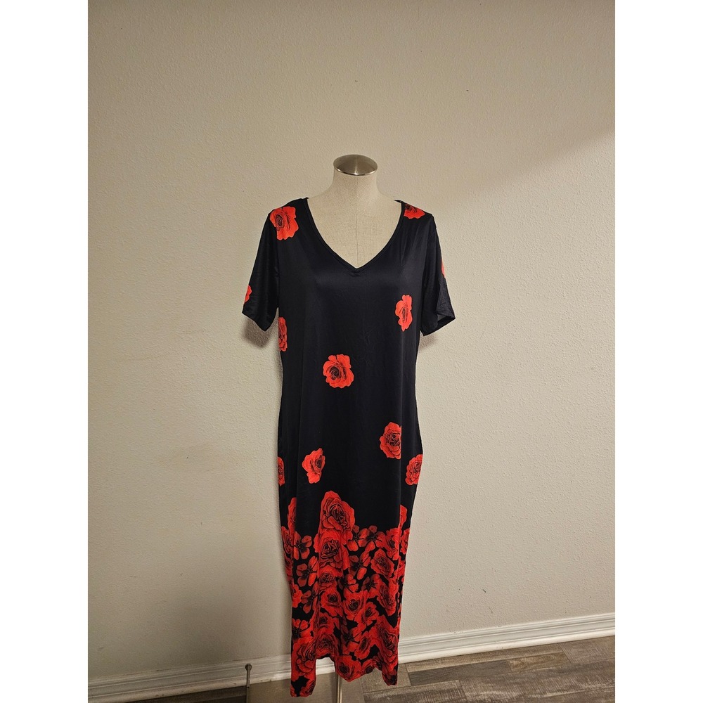 Womens Black Red Rose Floral‎ Print V-Neck Short Sleeve Maxi Dress 1XL